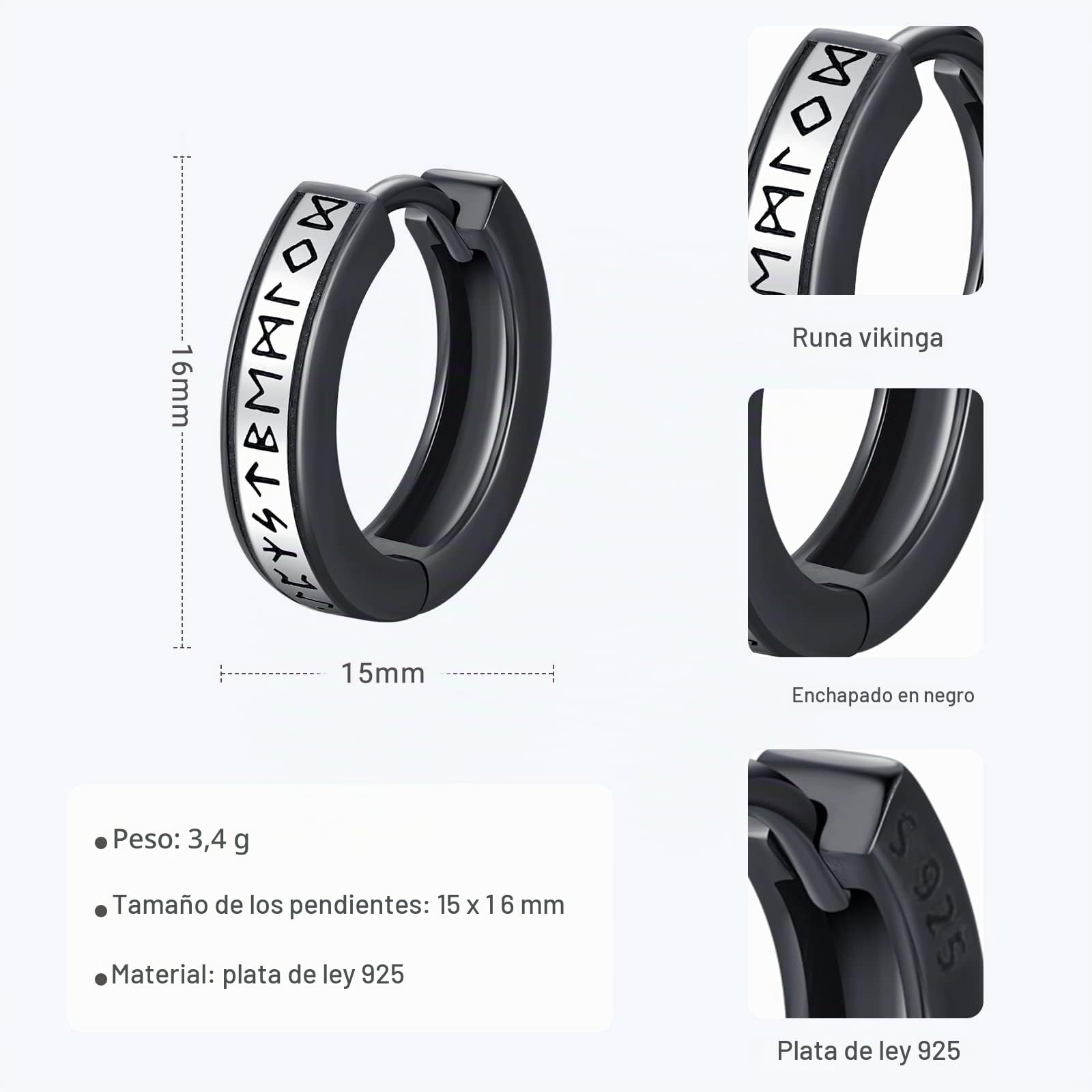 Eusense Pendientes Aro Hombre, Pendientes Vikingos 925 Plata Runa Vikingos Arbol de la Vida Martillo Thor Brujula Vikinga Aretes Nordicos Joyería para Hombres y Mujeres