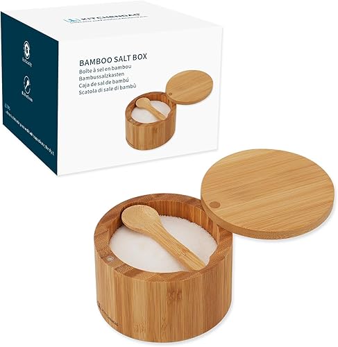 KITCHENDAO Recipiente de bambú con cuchara incorporada, elegante recipiente para salero de cocina con tapa magnética giratoria para almacenar