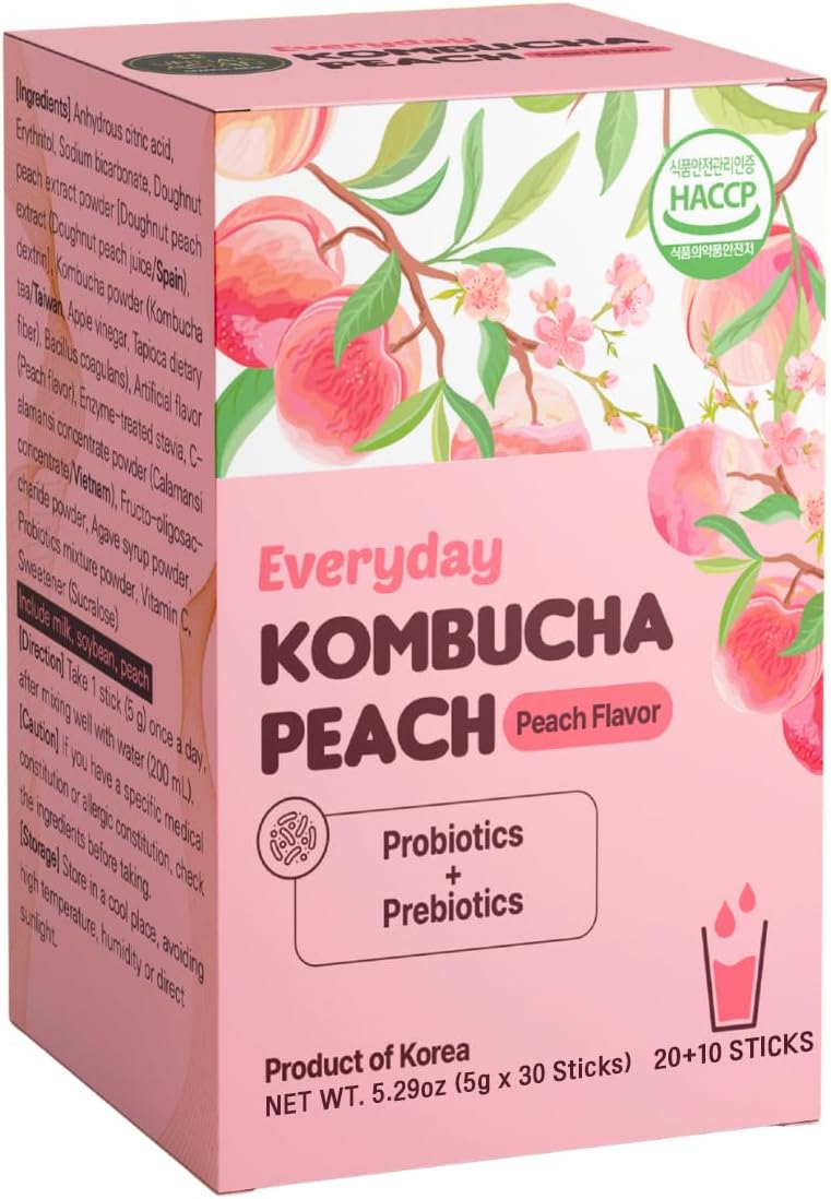 UNHA'S ASIAN SNACK BOX Tea Garden Kombucha Tea Powder Peach Flavor, 5g x 20 Sticks Probiotics, Prebiotics, Fat Free, Sugar Free, Diet Tea, Healthy Drink with Bottle (FREE BOTTLE SHAKER)
