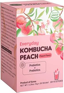 Unha's Everyday Kombucha Tea Powdered Beverage, 20 Sticks, Sparkling Powder Drink, Prebiotics, and Probiotics Sugar-Free - Peach Flavor