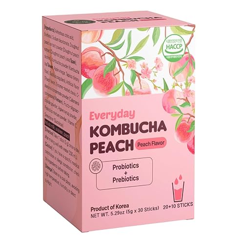 Unha's Everyday Kombucha Tea - Bebida en polvo, 20 barritas, bebida en polvo espumosa, prebióticos y probióticos sin azúcar, sabor melocotón