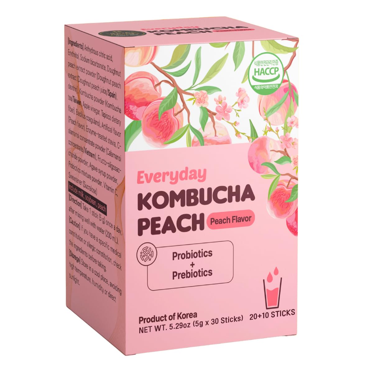 UNHA'S ASIAN SNACK BOX Tea Garden Kombucha Tea Powder Peach Flavor, 5g x 20 Sticks Probiotics, Prebiotics, Fat Free, Sugar Free, Diet Tea, Healthy Drink with Bottle (FREE BOTTLE SHAKER)