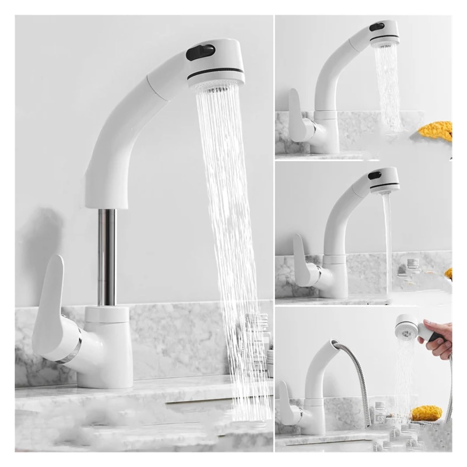 Robinet de cuisine blanc avec douchette extractible pour un lavage précis