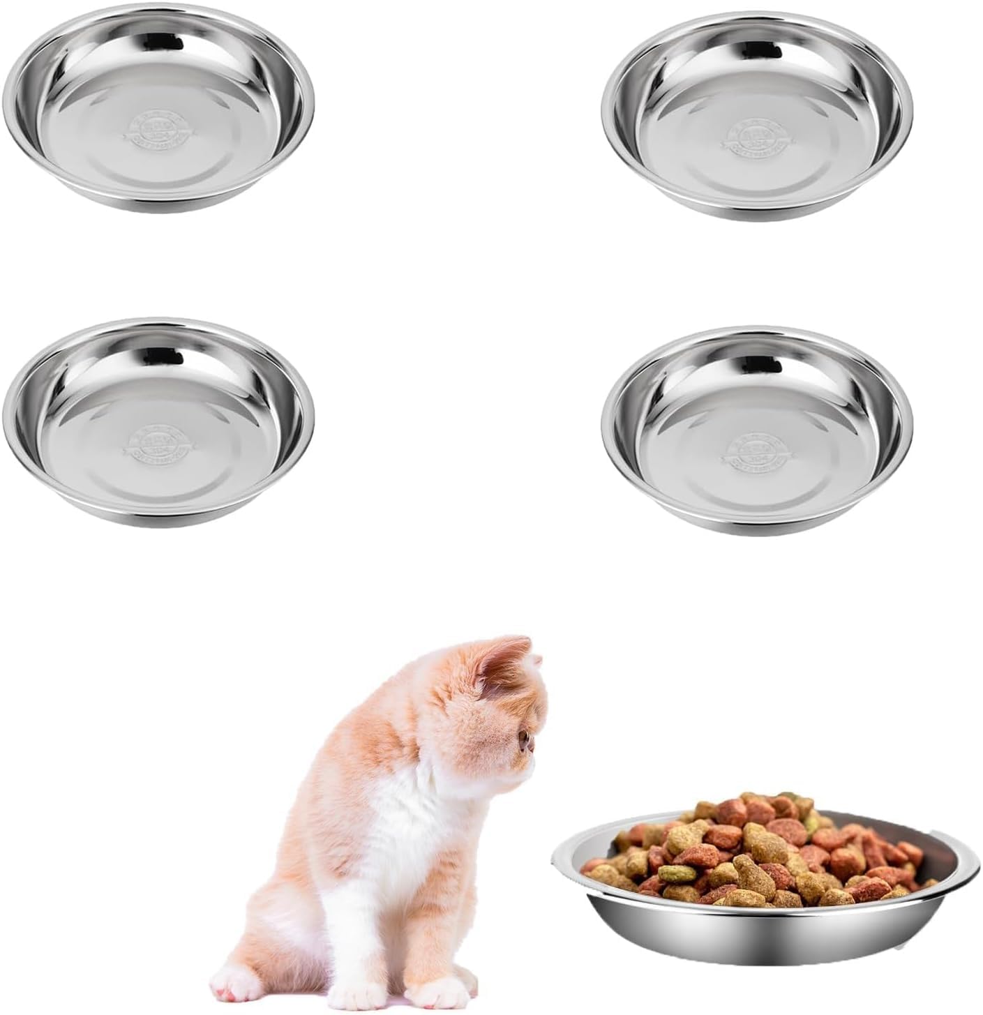 4PCS Cat Bowls Whisker Friendly, Shallow Wide Flat Cat Food Bowls 304 Stainless Steel,Metal Cat Dishes Whisker Fatigue Relief,5.5inch Basic Cat Plates for Elevated Stand,Dishwasher Safe
