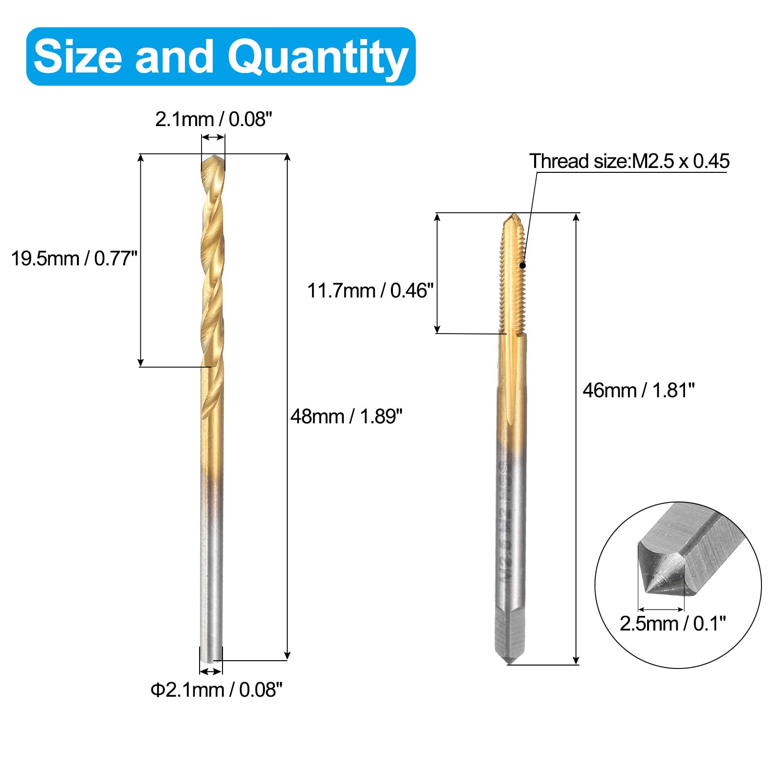 Set di maschi e punte da trapano, 1 maschio per filettatura metrica a scanalatura dritta M2,5 x 0,45 e 1 punta elicoidale da 2,1 mm, kit di utensili per filettatura HSS-6542 rivestiti in titanio