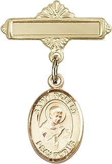 14kt Yellow Gold Baby Badge with St. Robert Bellarmine Charm and Polished Badge Pin 1 X 5/8 inches