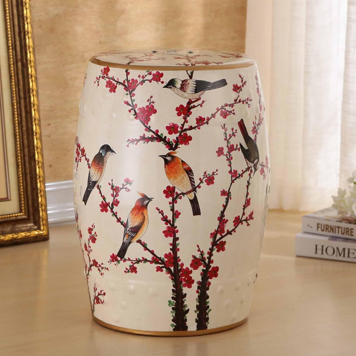 Indoor AndOutdoor Garden Stool,Drum Stool,Ceramic Drum Garden Stool,Chinese Style Glazed Ceramic Decorative Stool,Bird and Flower,Classic,Cottage(16)