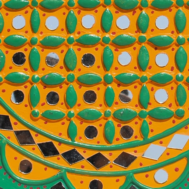 Image of Ethnics of Kutch Traditional Kutch Handicraft Mud-Mirrorwork Lippan Kam Wall Art (Water and Break Resistant) - Round (12 Inch Diameter) - (Yellow LKT-0281)