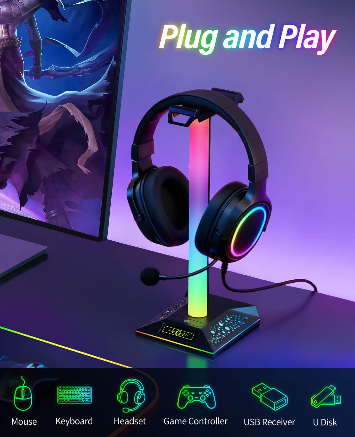 RGB Gaming Headset Ständer, LED Headset Halter mit 3 Ladeanschlüssen (2 USB & 1 Type-C) & 10 Beleuchtungsmodi, Kopfhörerständer Cool Stuff für Jungen, Schreibtisch PC Gaming Zubehör Geschenke für