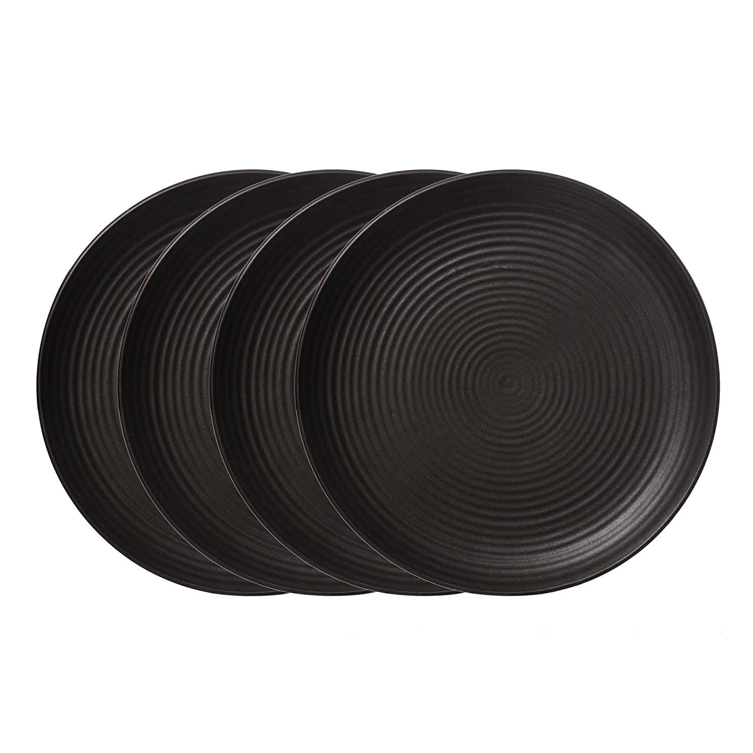 Kudoz Enterprises Ceramic Matt Finish Stoneware Handcrafted Ribbed Dinner Platter (Black, 10 Inch) Set of 4