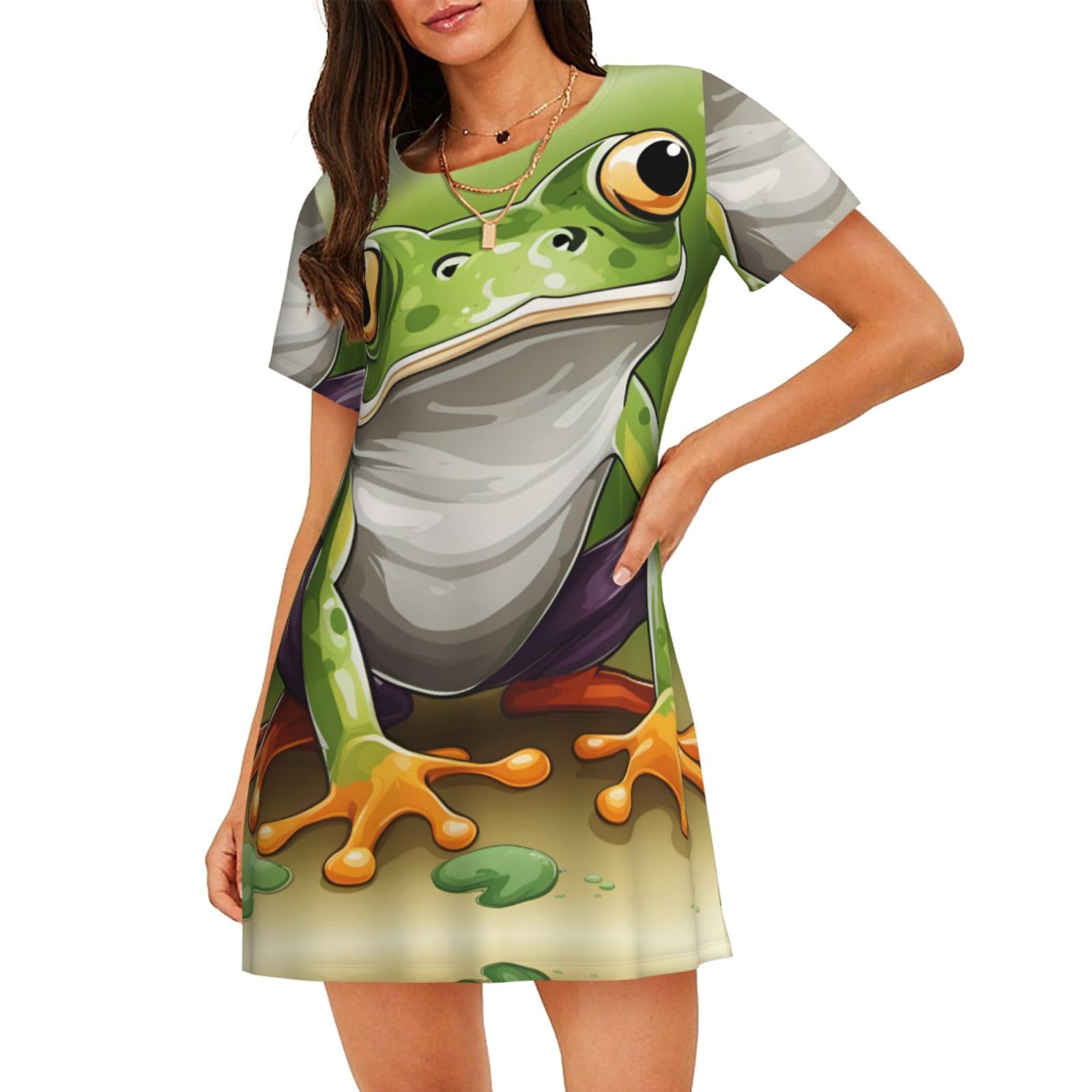 Xtygety Women's Black Cartoon Frog Print Nightgown Sleepwear For Summer Nightdress Sleepshirt Sleepdress Nightshirts