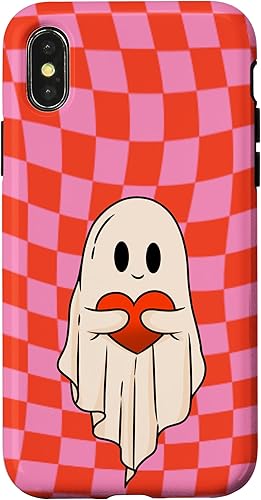 Funda para iPhone XXS de San Valentín diseño retro de fantasma con forma de corazón y tablero de ajedrez color rosa