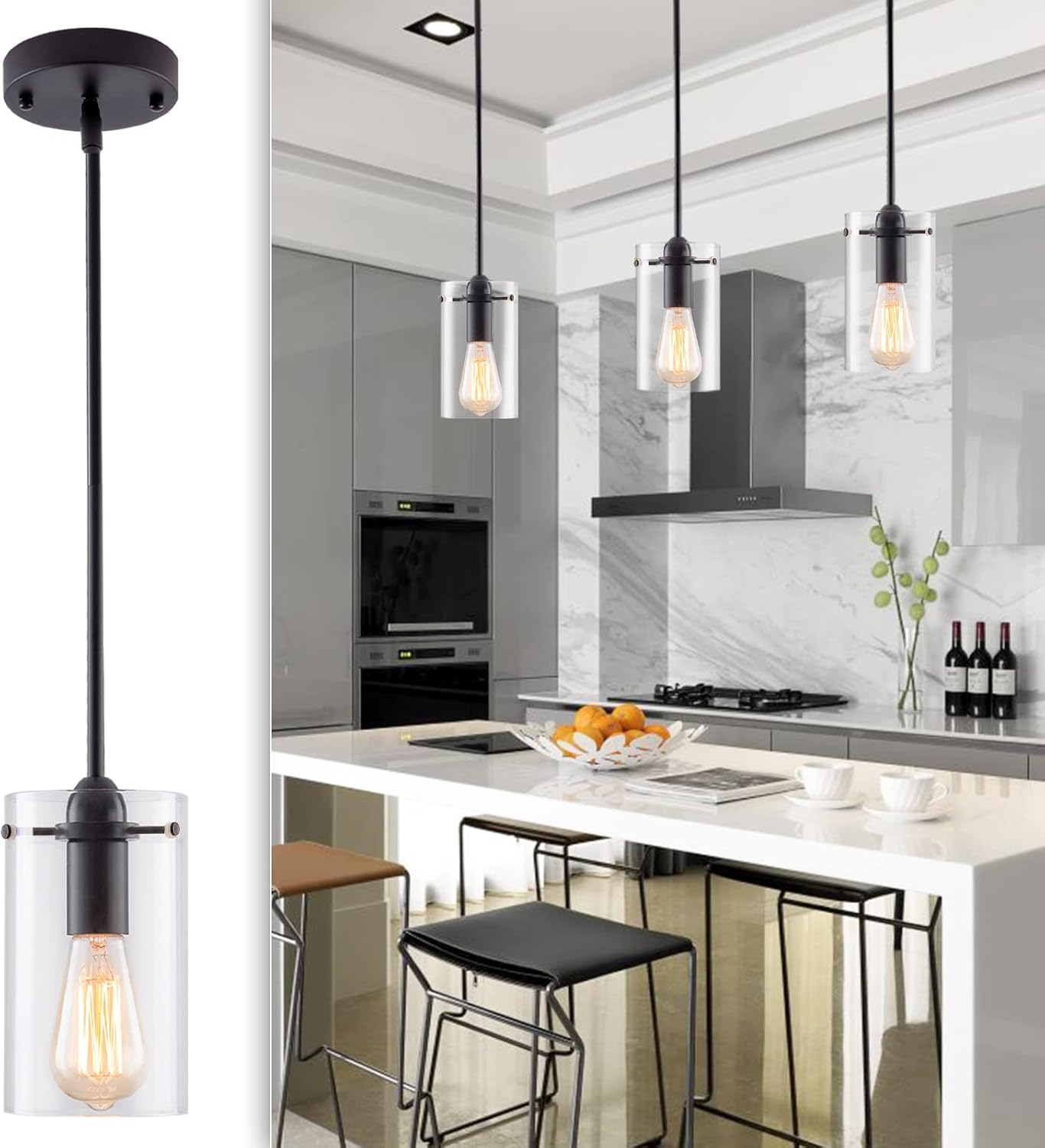 XUPUHOUSE Matte Black Pendant Lights Kitchen Island,Adjustable Hanging