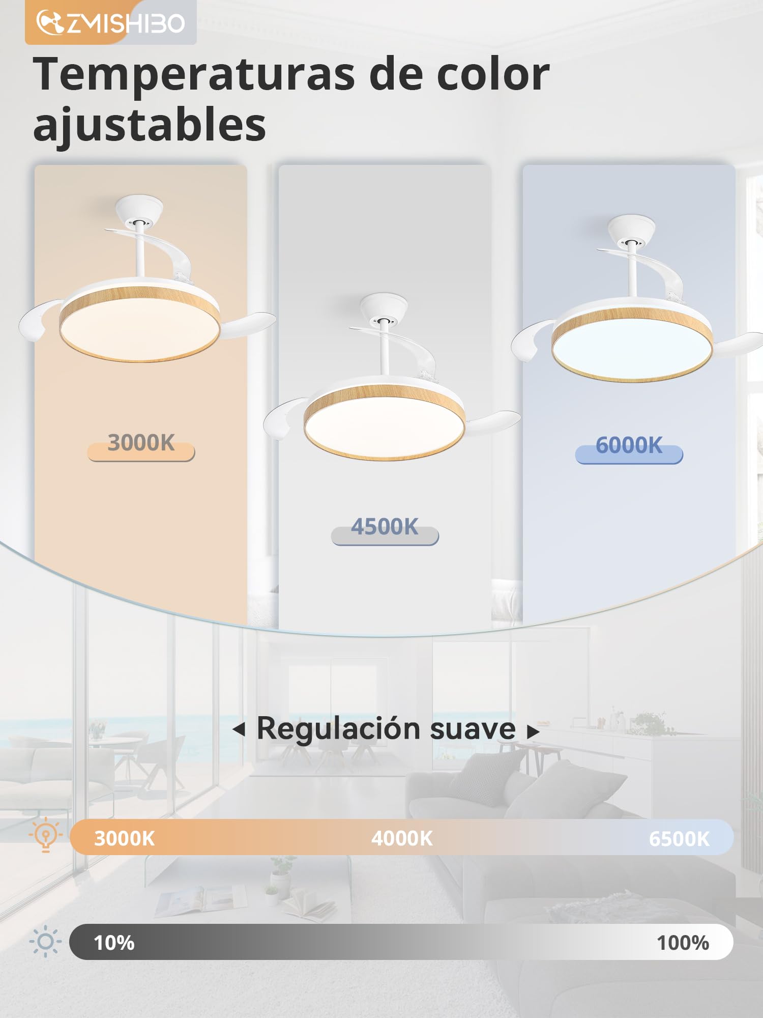ZMISHIBO Ventilatore da soffitto con luce 106 cm, ali invisibili, CCT 3000 K – 6500 K, funzione estiva e invernale, motore DC 30 W + LED 38 W, 6 velocità, silenzioso, timer 2 h/4 h, legno chiaro