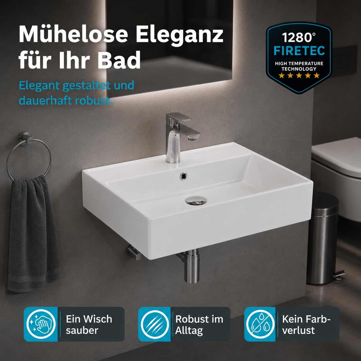 Aqua Bagno Ceramiczna umywalka 60 cm – prostokątna umywalka wisząca lub umywalka nablatowa z otworem na kran, głębokość 42 cm, montaż na ścianie, WC dla gości, biała