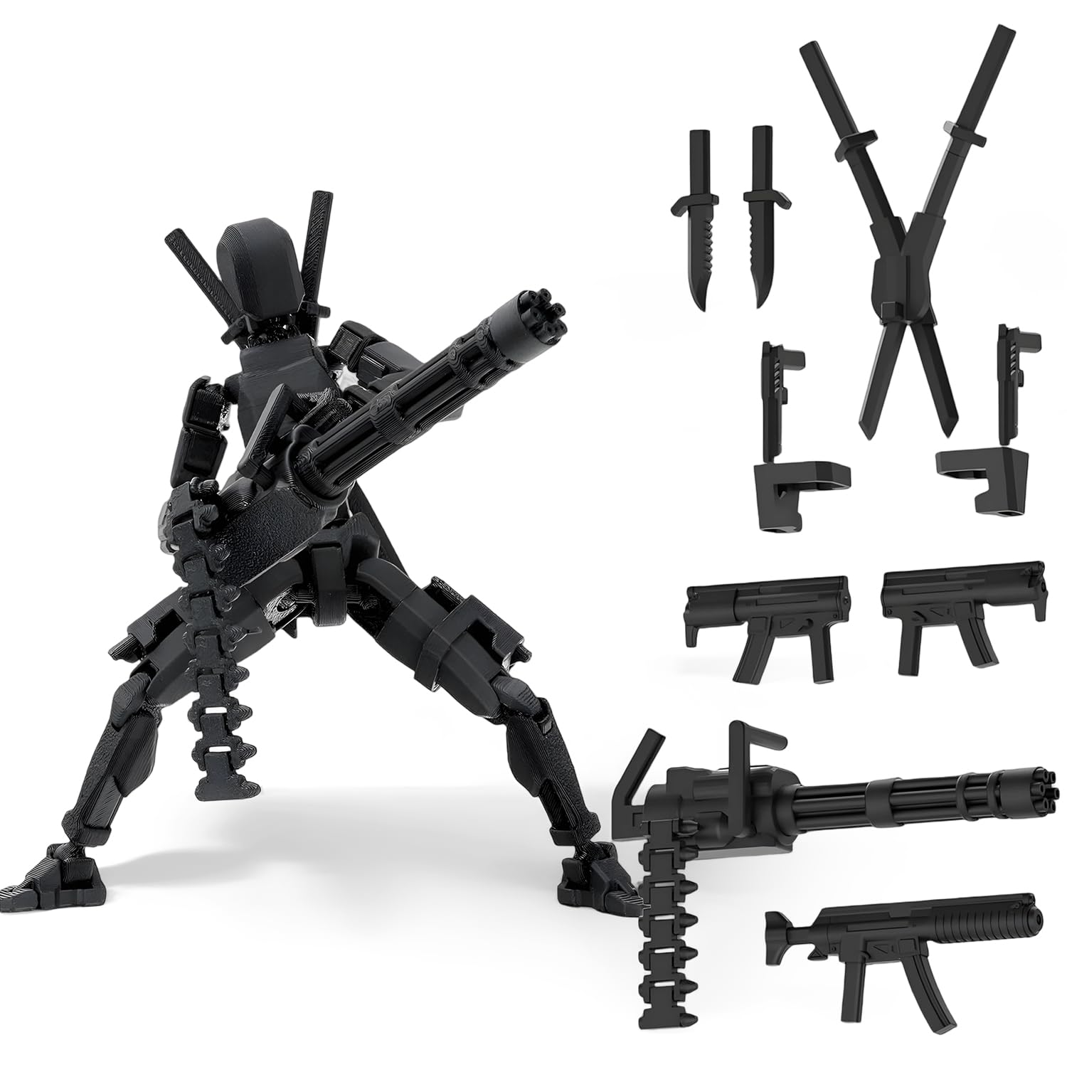 zhongko T13 Action Figures, Black Dummy 13 Action Figure with Gatling Gun, Articulated Joint Figure Robot for Desktop Decor, 3D Printed Mecha Toy, Collectible T13 Toy Gifts for Boys and Girls