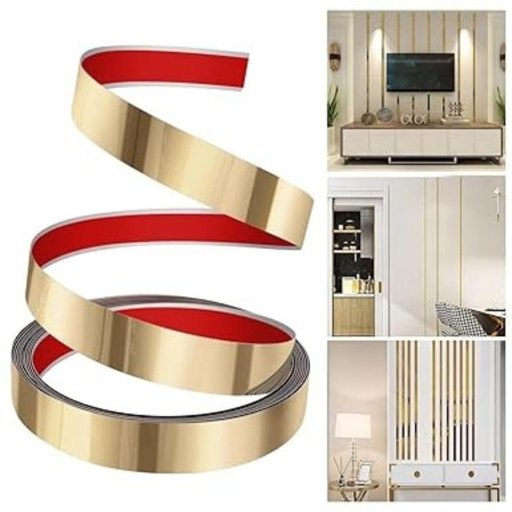K Decor Golden Metal Trim Wall Strip Stainless Steel PVD Coated 8K Mirror Gold Finish Flat Trim Strip profile 20 mm x 16.4ft(5mtr) Roll for wall Decoration, Furniture, Highlighters (Pack of 1)
