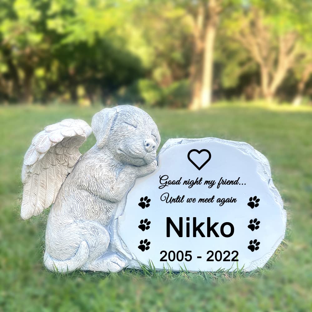 LAGGATTS Personalized Pet Dog Memorial Stone with A Sleeping Dog Angel Statue, Dog Grave Markers, Dog Headstone Tombstone for Outdoor Garden, One Size, Full Color