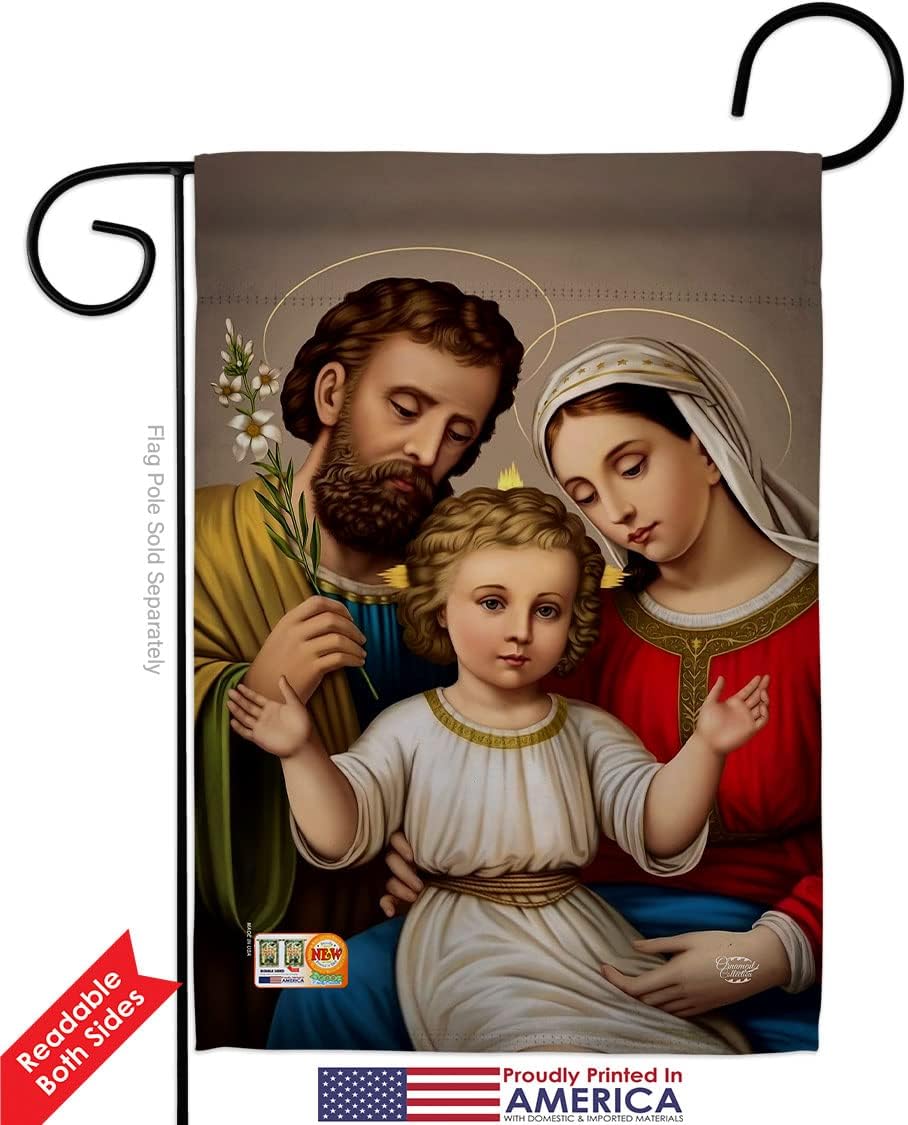 Holy Family Garden Flag Set with Stand Religious Faith Hope Grace Peace Dove Christian Religion Easter Small Decorative Gift Yard House Banner Double-Sided Made In USA 13 X 18.5