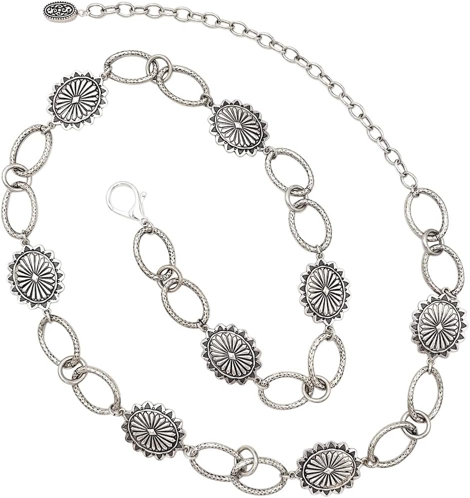 Rosemarie & Jubal Western Concho Chain Belt, Silver Metal, Decorative Sunburst Design, Small to Plus Sizes