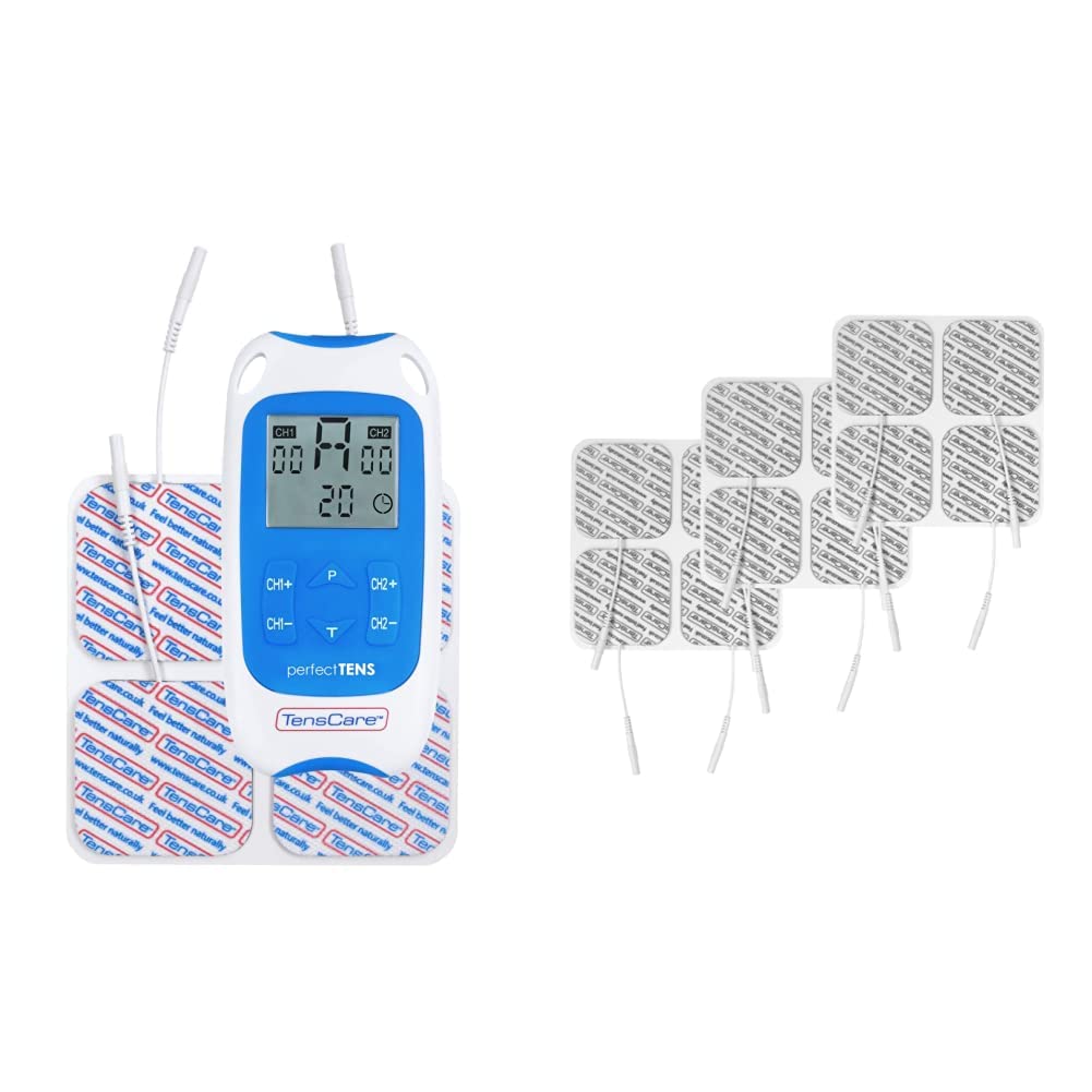 TensCare Perfect Tens Dispositivo de Electroestimulación para Aliviar el Dolor, Blanco y Azul + E-CM5050V 12 electrodos para Electroestimulador, 50x50 mm