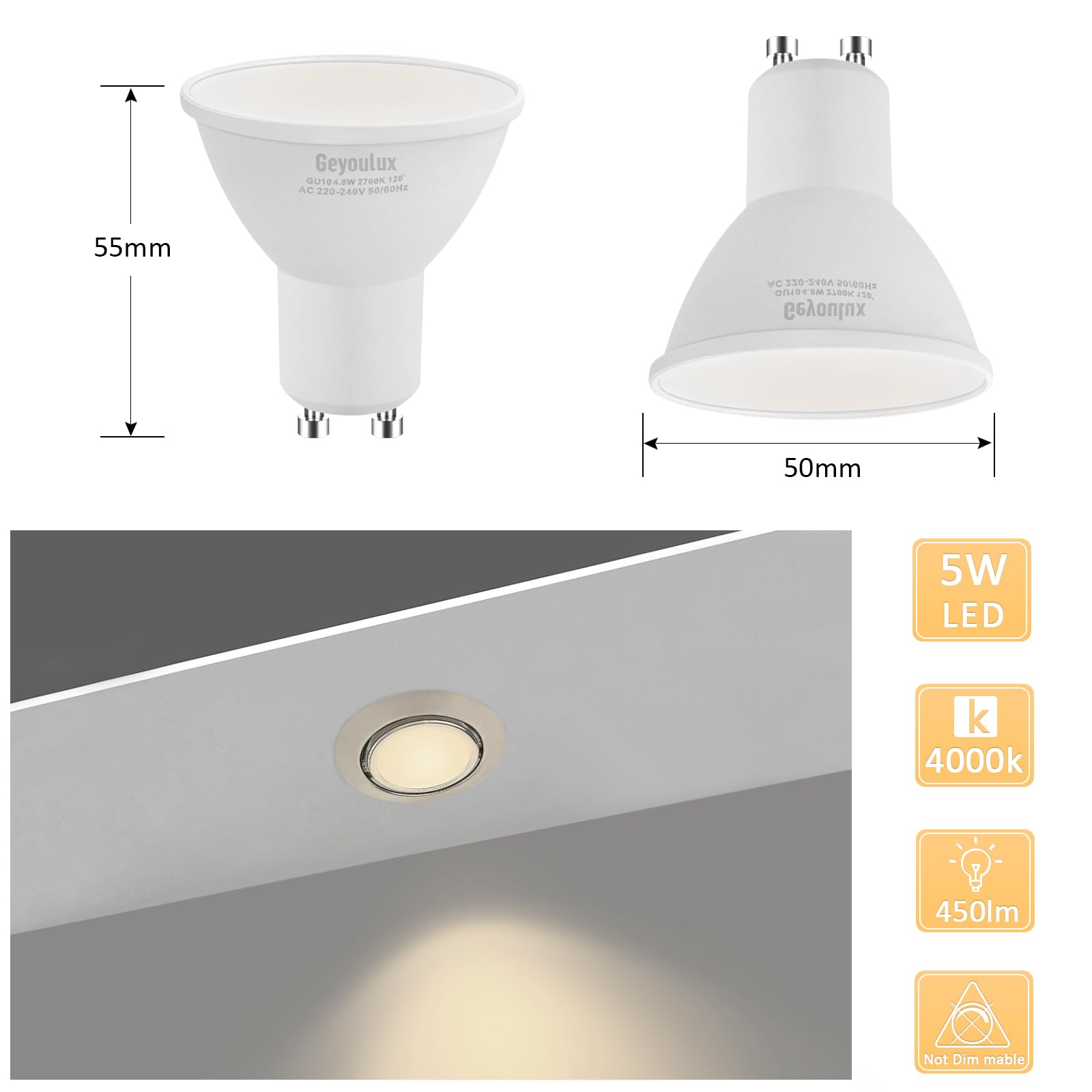 GeyouLux Faretti LED da Incasso per Cartongesso,5W Bianco Neutro 4000K,Cornice Rotondo Metallo Nichel Spazzolato 230V,Plafoniere GU10 Soffitto Orientabile di 30° Angolo a Fascio 120° Set da 6