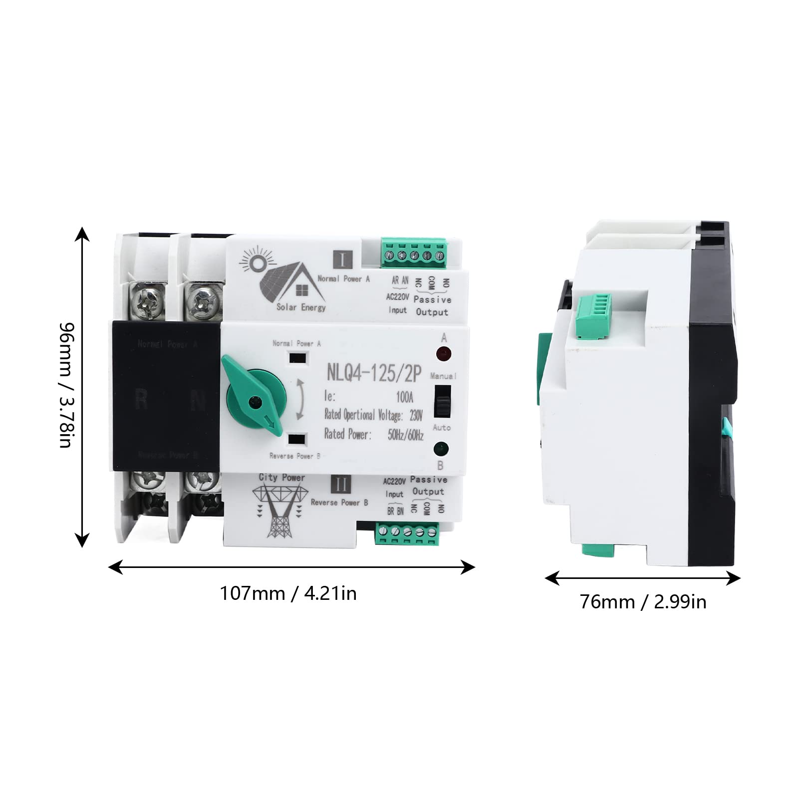 Dual Power Automatic Transferschalter 230 V 2P 100A PC-Isolierung ATS DIN-Schiene Notstrom Umschalter Netz Lastumschalter NLQ4-125/2P für Fabriken, Einkaufszentren