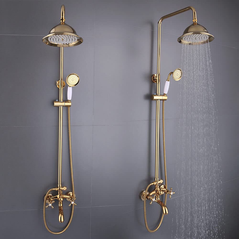Grifo de Ducha Redondo Retro - Sistema de Lluvia y Mano Con Altura Ajustable - Moderno Dorado de Latón Antiguo Para Pared
