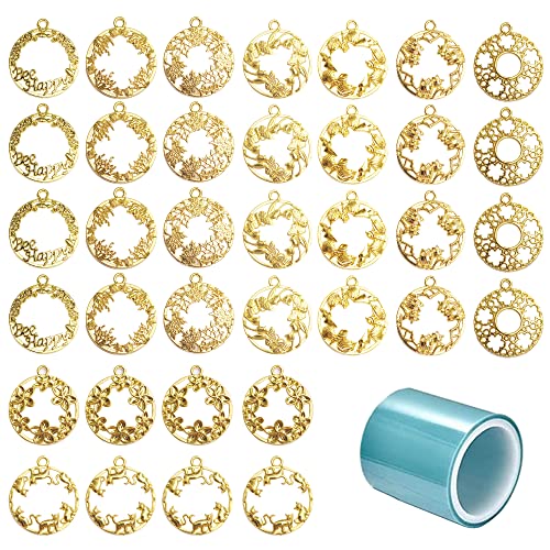 NA Allazone Open Bezel Charms, 36 PCS Mixed Flower Cat Open Bezels for Resin 9 Style Gold Alloy Frame Pendants Hollow Resin Frames for Resin Casting, Necklaces Earrings Making Supplies