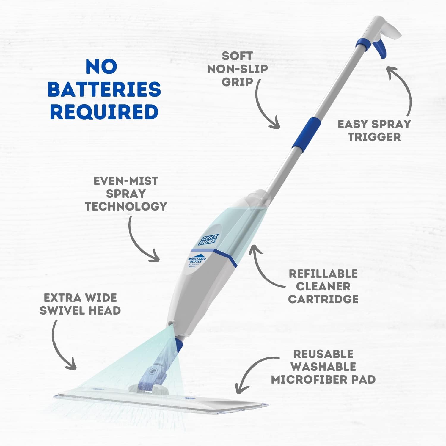 Quick Shine Spray Mop Kit with 1 Mop Pad & 1 Multi-Surface Floor Cleaner 16oz | Mop maneuvers under & around furniture for Easy Cleaning | No Batteries Required | Refillable Cleaning Cartridge