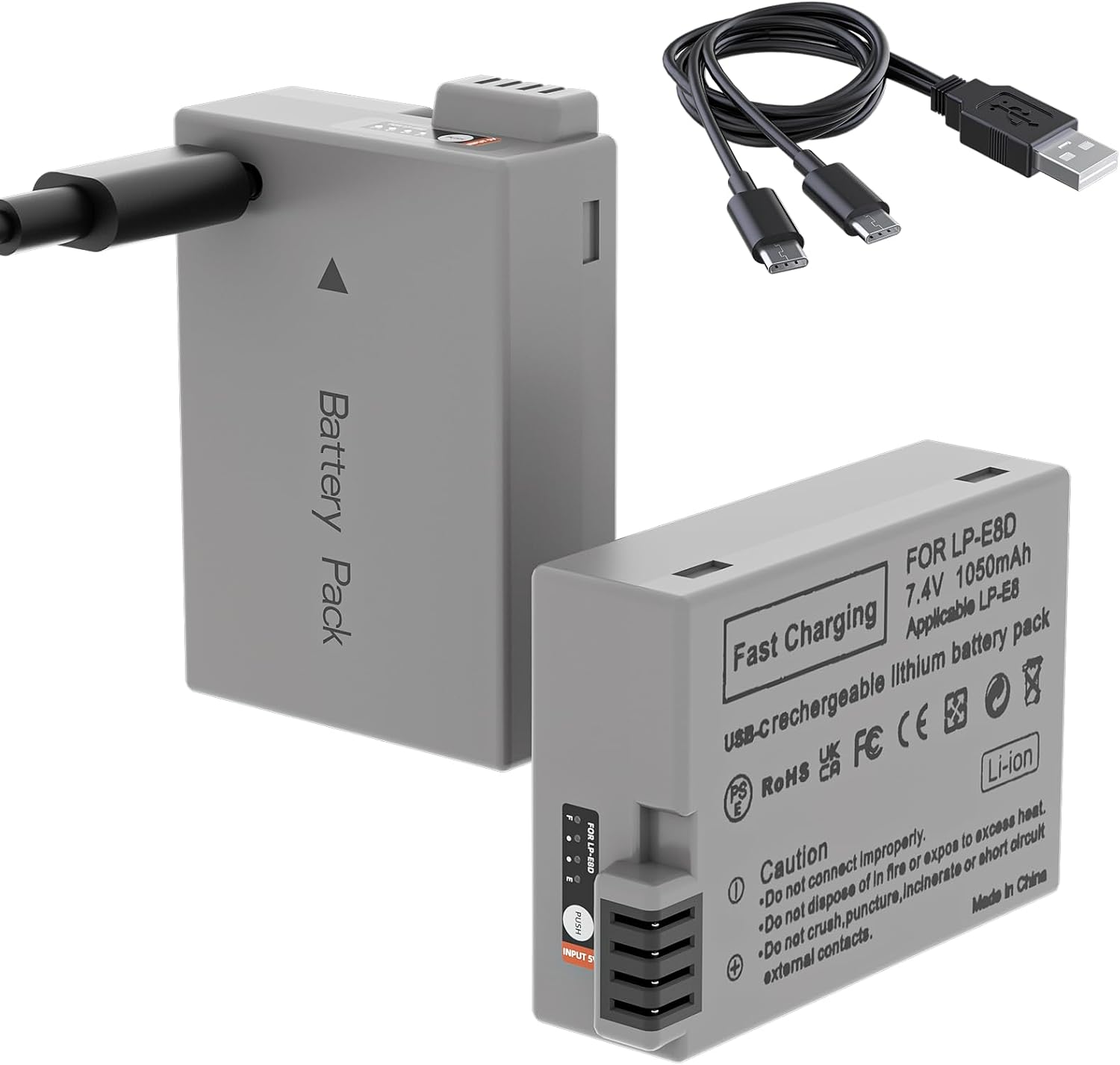 2-Pack LP-E8 Battery 2100mAh with USB-C Fast Charging Port for Canon EOS and Rebel Series (LP E8)