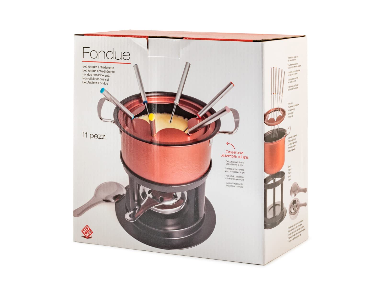 Home Servizio 11 Pezzi Fonduta in Acciaio con Rivestimento Antiaderente Rosso