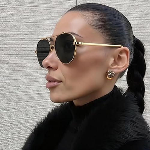 Miniatura 7 de willochra Lentes de sol piloto retro dorados para mujeres y hombres, aretes de metal de gran tamaño de los años 90, lentes de sol champán