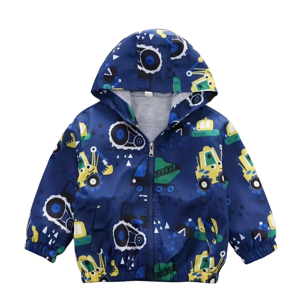 Giacca antivento autunno primavera con cappuccio ragazzo da 1 anno a 6 anni, giubbotto motivo attrezzi trattore, camion betoniera, bulldozer, cerniera lampo, fodera interna comfort