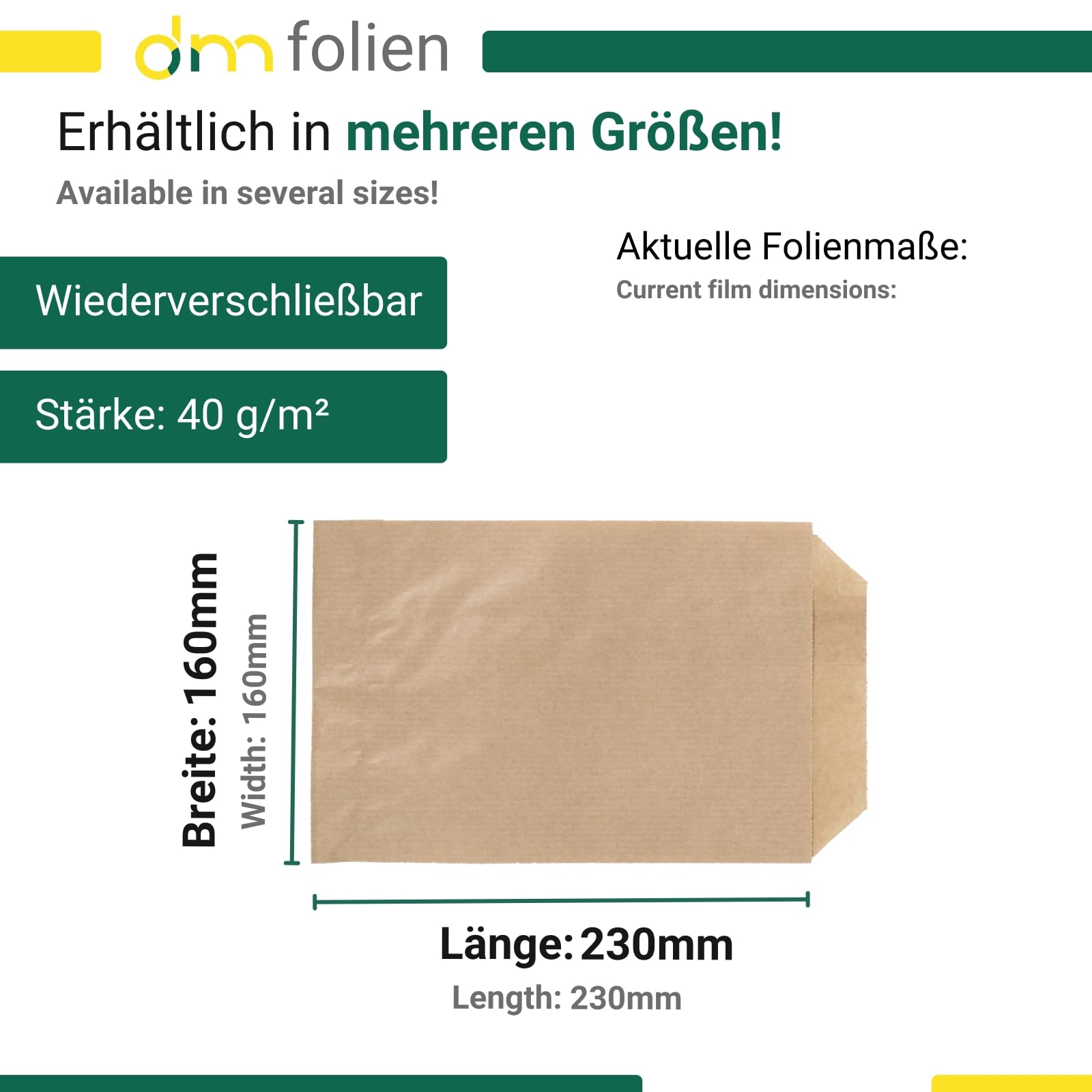 dm-folien Papiertüten I 2000 Stück I 160 x 230 + 20 mm I viele Größen I Tüten aus 40 g/m² Kraftpapier I Lebensmittelechte Brottüten I Recyclebare Kraftpapiertüten für Geschenke & Lebensmittel