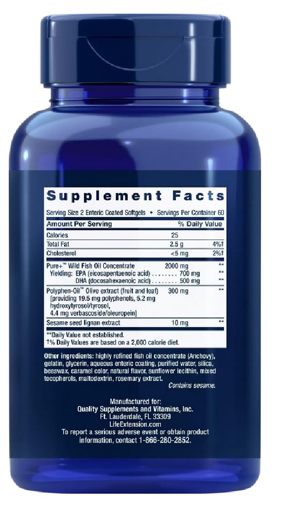 Life Extension - Super Omega-3 EPA/DHA mit Sesam Lignanen & Olivenextrakt | Hochdosierte Omega-3-Fettsäuren für Herz und Gehirn - 120 magensaftresistente Softgels
