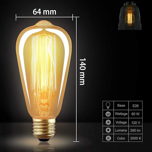 Miniatura 10 de LUXON Paquete de 8 bombillas Edison de estilo vintage antiguo incandescente, regulable, ámbar cálido, 60 W, base E26 para aplique de pared, lámpara