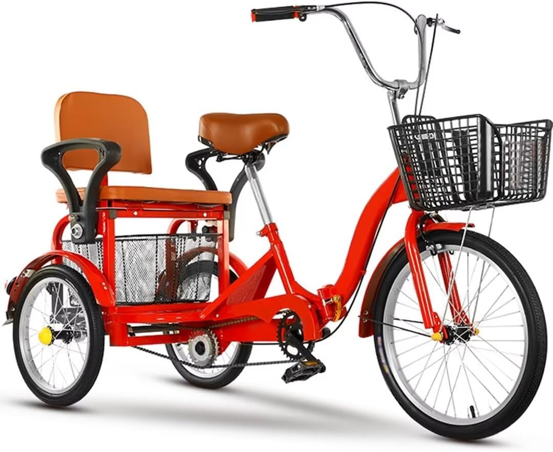3 Wheels Bicycle with Rear Vegetable Basket,Comfortable Back seat with Lifted up armrest,Folding tricycles for Adult and Elderly,Tandem trikes for Hanging Out (Black 16 in)