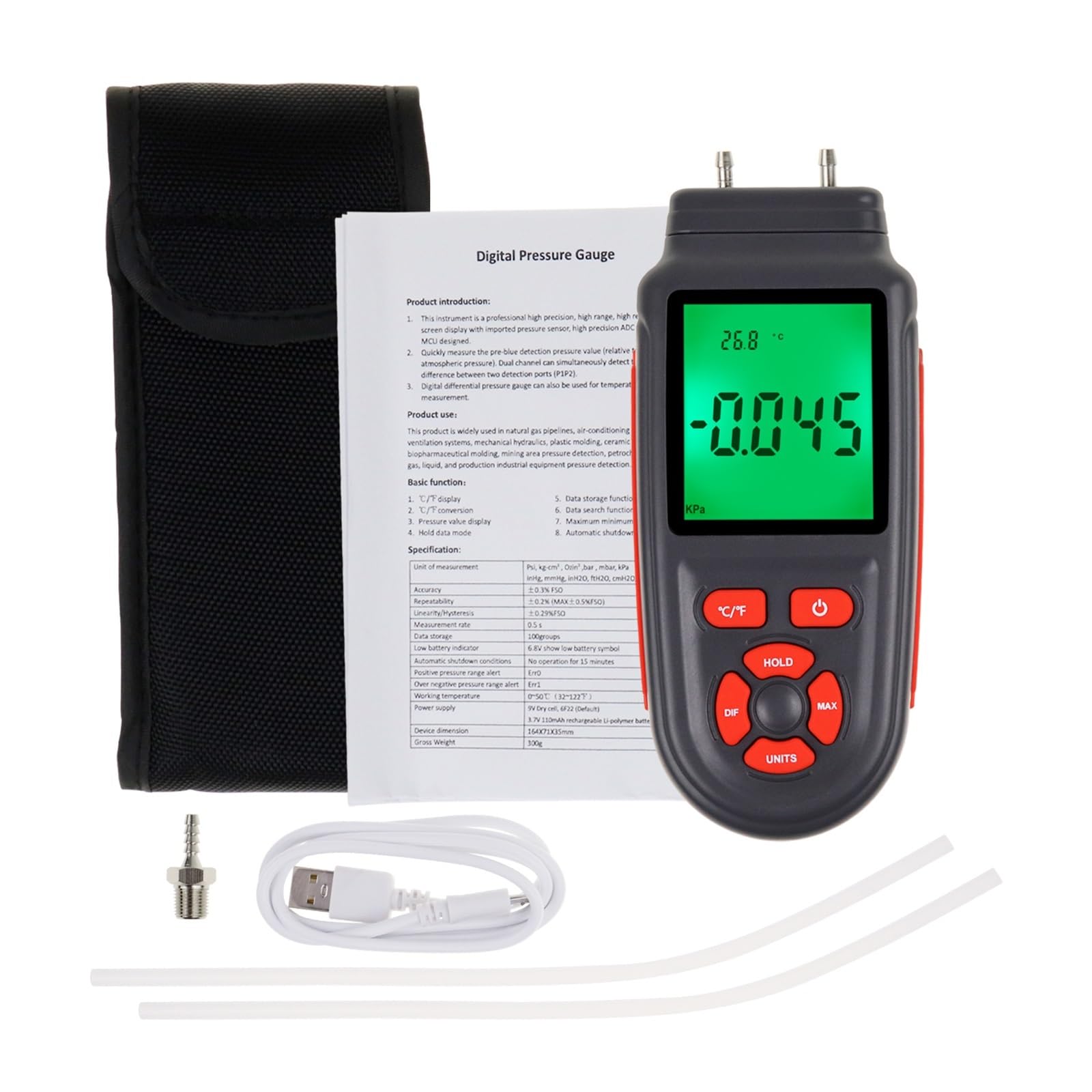 Probador de presión gas digital Manómetro Pantalla LCD grande con retroiluminación 12 unidades seleccionables Función almacenamiento datos