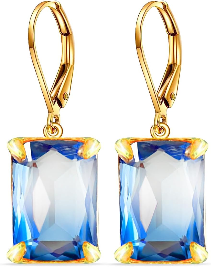 Rectangle Simple Gem Stone Dangle Earrings 14K Gold, Square Natural Multicolor Rainbow Fluorite Crystal Drop Earrings for Women