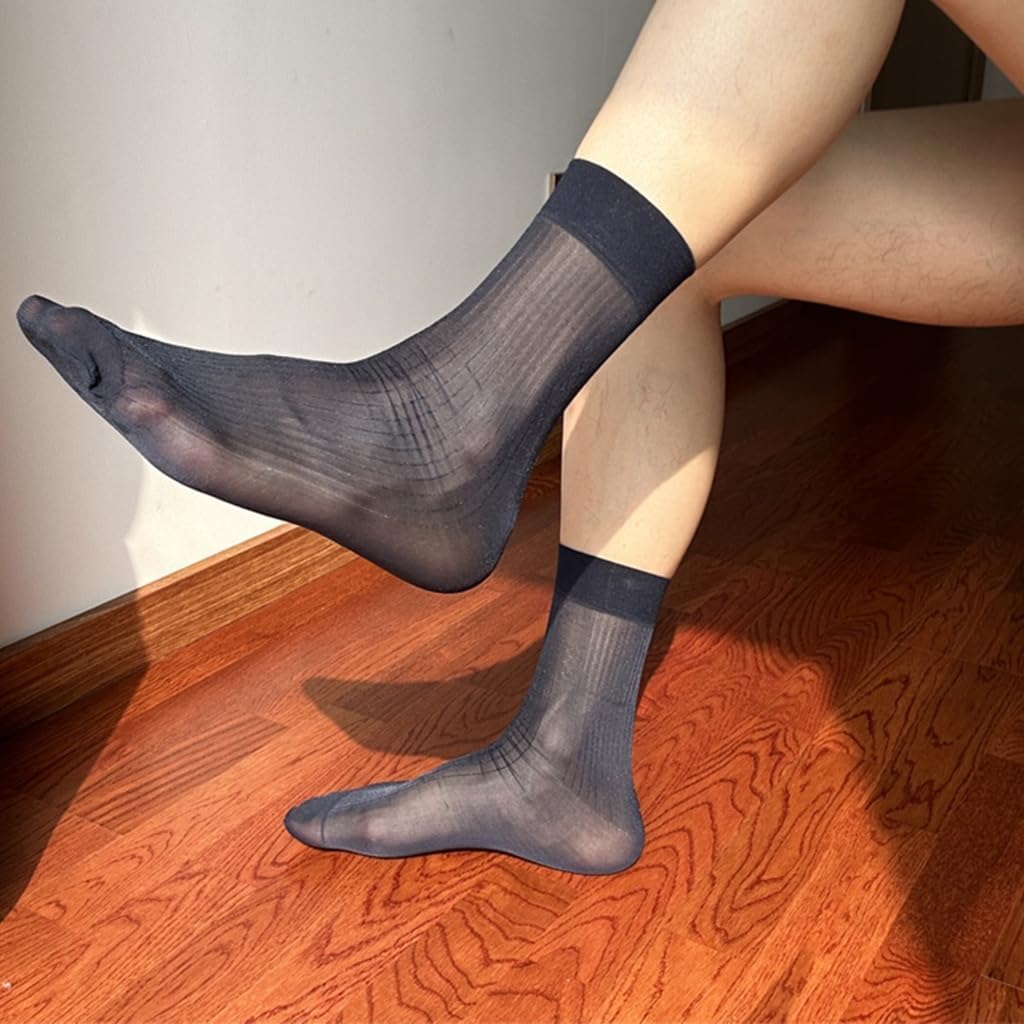 Glossy Stripe Middle Calf Dress Socks for Men Breathable Nylon Semi Opaque Stockings Business Formal