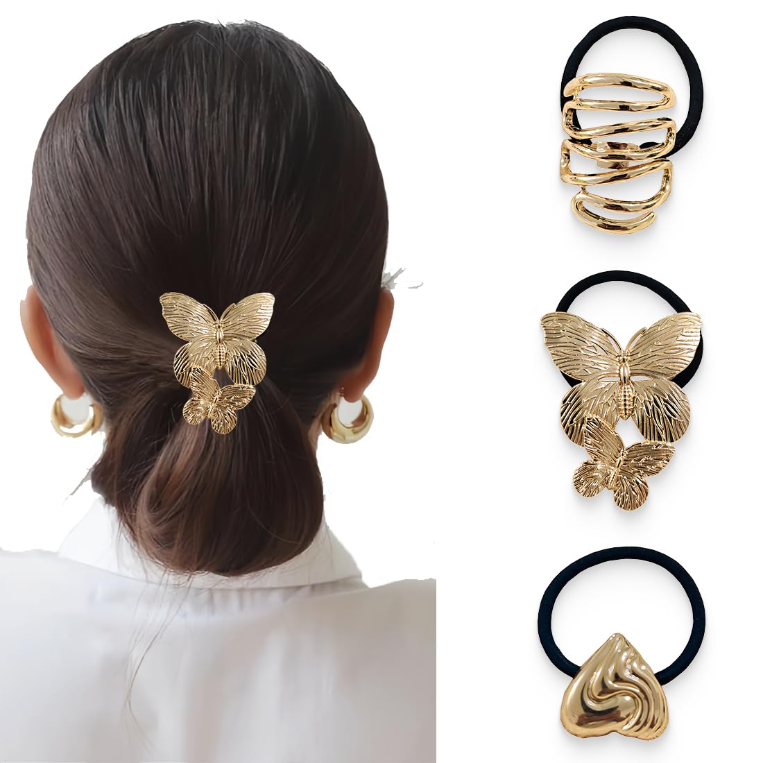 Puño de Pelo de Metal, 4 Piezas Cinta Elástica Atacaño para el Pelo, Coletero Dorado, Pinza para Cola de Caballo, Accesorio para el Pelo para Mujer