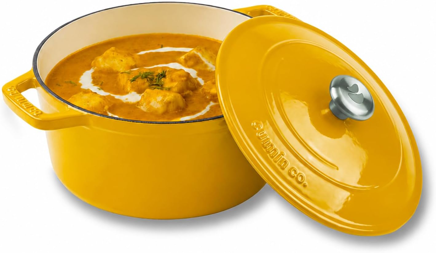 CUMIN CO. Enameled Cast Iron Dutch Oven/Biryani Pot with Lid, 5 QT Non Stick Heavy Duty Casserole Pot – Non Toxic PFAS Free Cookware – Oven Safe Bread & Soup Pot – Induction Compatible Enamel Cast Iron (Mustard, 26 CM)