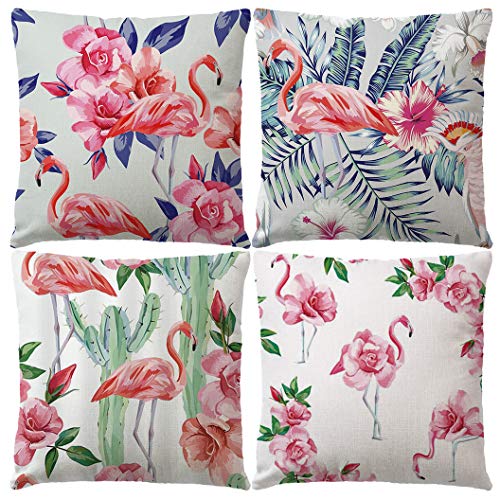 7COLORROOM Juego de 4 fundas de almohada rosas con diseño de flamenco rosa con plantas tropicales/cactus funda de cojín floral de lino de algodón, fundas de almohada decorativas para el hogar, 45 x 45
