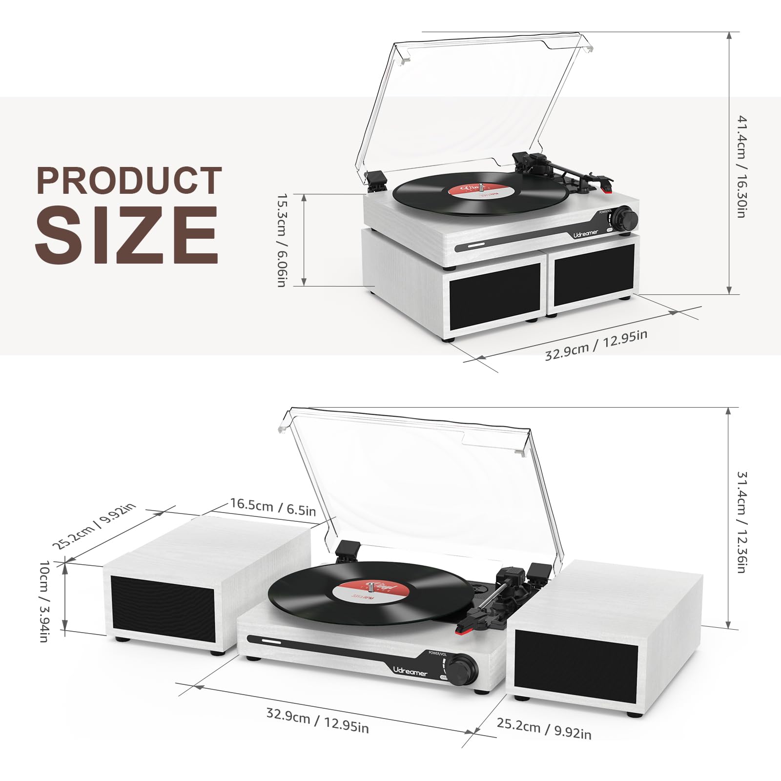 Udreamer Plattenspieler mit 2 Dual-Stereo-Lautsprechern, Vintage Plattenspieler Bluetooth 5.3 unterstützt 3 Geschwindigkeiten, AUX-In, Cinch-Line, USB, kabellose Wiedergabe, Weiß