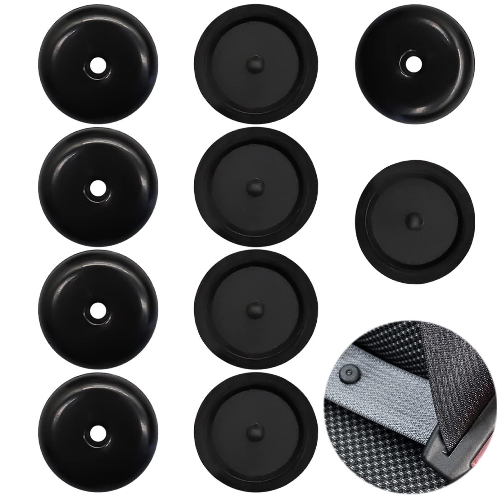 Seat Belt Stop Button Buttons Prevent Seat Belt Buckle from Sliding Down The Belt Set of 4 Plastic Seat-Belt Stopper Clips Snap-On System No Welding Required Black with 1 Spare Set
