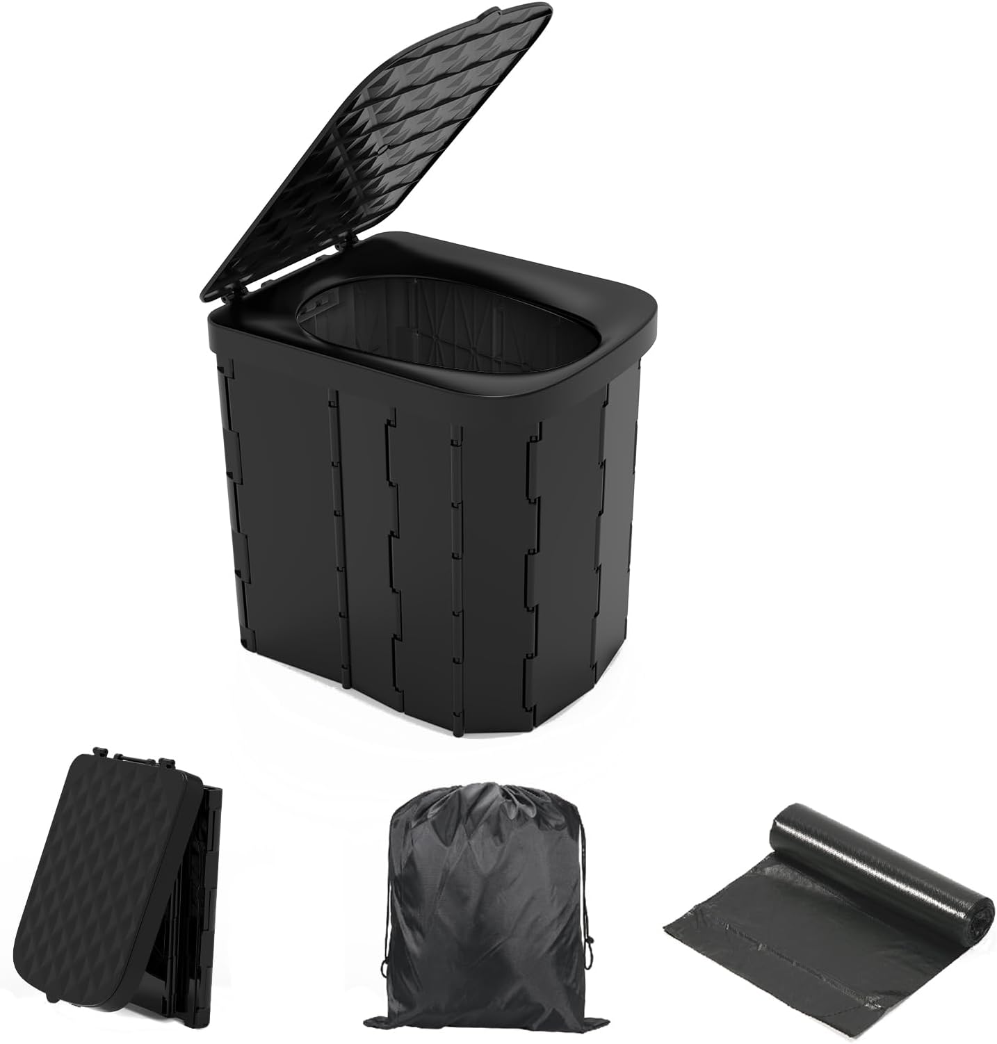 Hapoon XL Portable Folding Camping Toilet with Lid - Travel Portable Potty for Adults, Car Toilet, Light Black