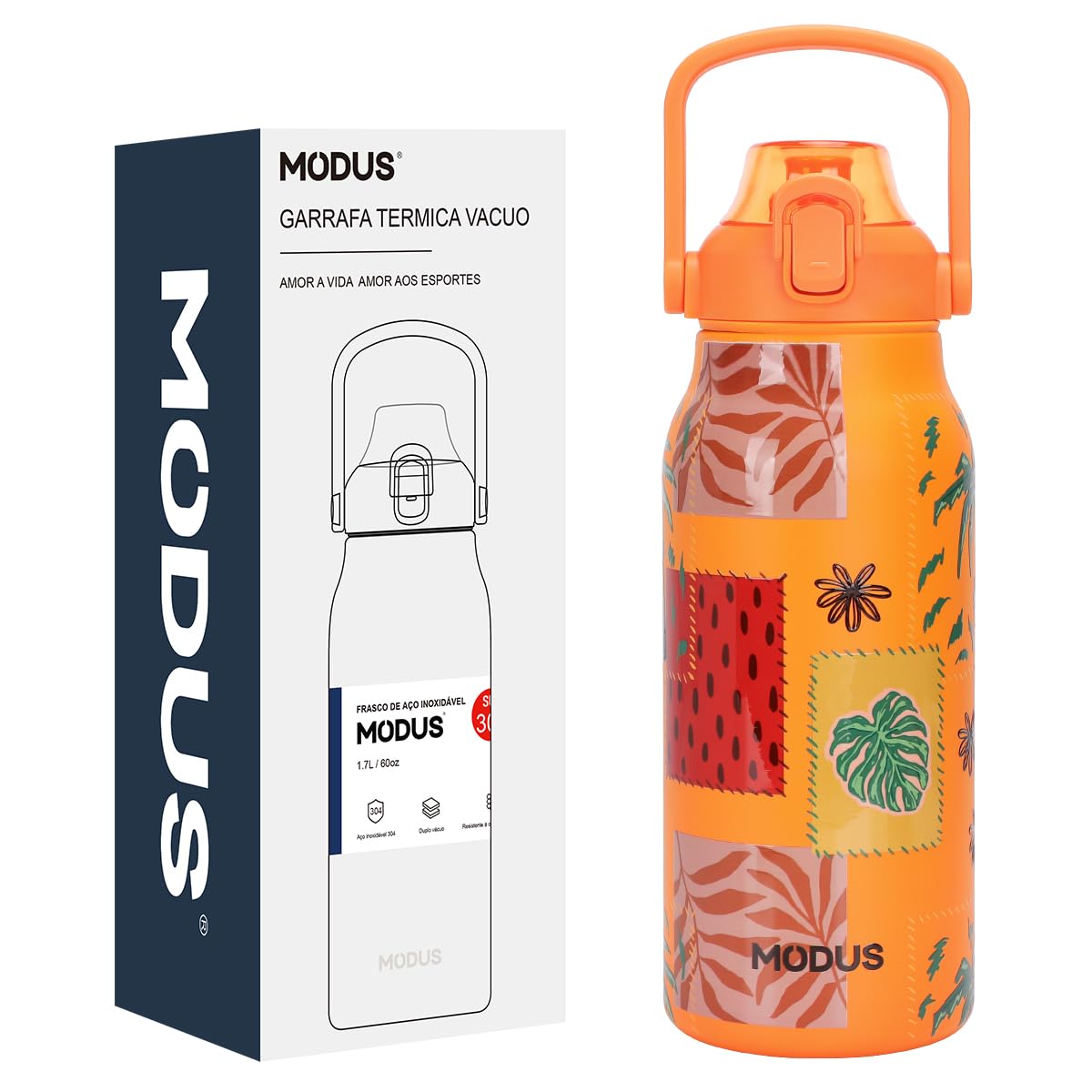 Garrafa Térmica de Aço Inox Dupla Parede 1,7 Litro Isolamento a Vácuo – Design com Estampa 3D em Relevo (Laranja Praia Tropical)