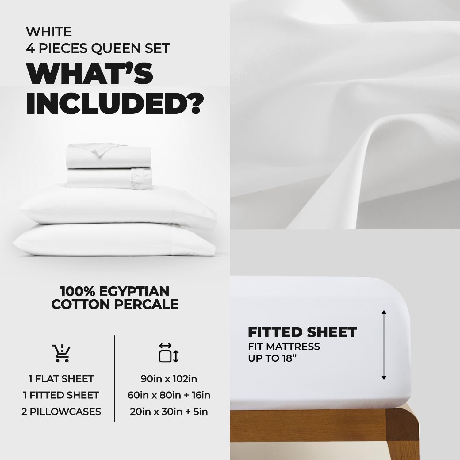 TLB 100% Egyptian Cotton Percale Sheets Queen Size - Luxurious 400 Thread Count - Crisp, Breathable, Skin-Friendly, Acne Free - Unfavourable for Bacterial Growth - Oeko-TEX Certified - White - Image 2