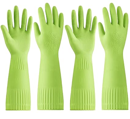Disfore 2 Pairs f Rubber Gloves, Reusable Non-Slip Cleaning Gloves, Long Sleeve Waterproof Dishwashing Gloves to Protect Your Hands, Soft and Comfortable Premium Kitchen Gloves, Large Green